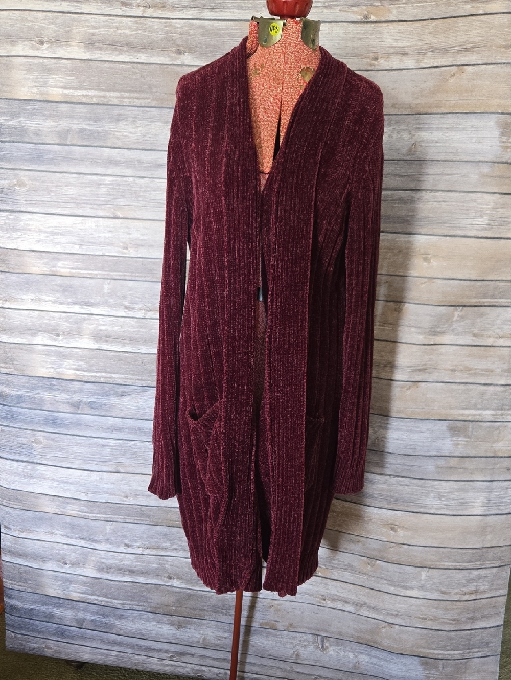 Belldini Burgundy Chenille Open-Front Cardigan